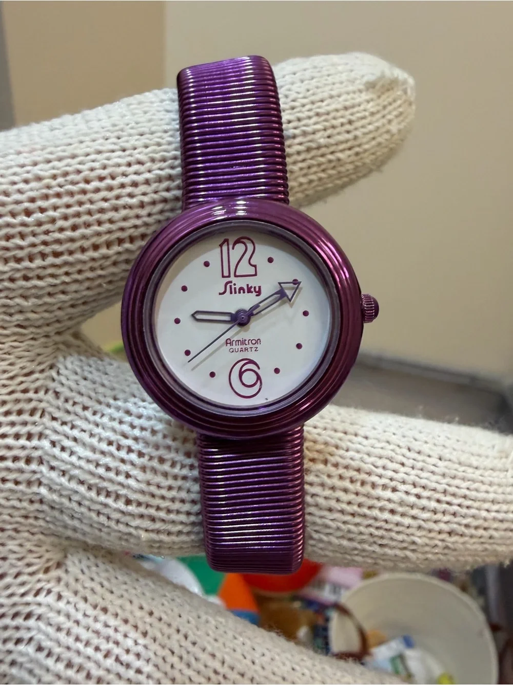 Vintage Armitron Slinky Watch Purple Metallic Accordion Stretch Band Retro 80s